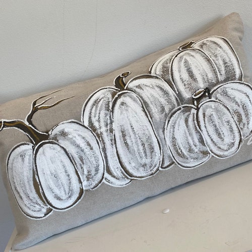 White Pumpkins Lumbar Hand Painted Pillow Cover