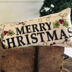 Merry Christmas with Holly Berries, Lumbar, Hand-painted Pillow, Handmade, Pillow Cover
