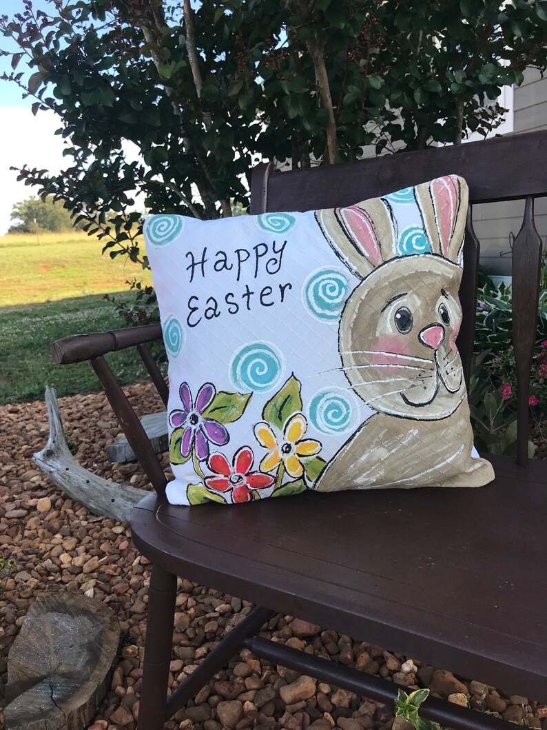 Hand Painted Bunny Pillow Pastel Pillow Bright Flowers Etsy