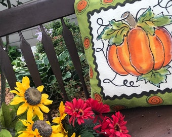 Pumpkin Fall Pillow with Sage Border, Hand-painted, Thanksgiving Decor, Fall Pillow Cover
