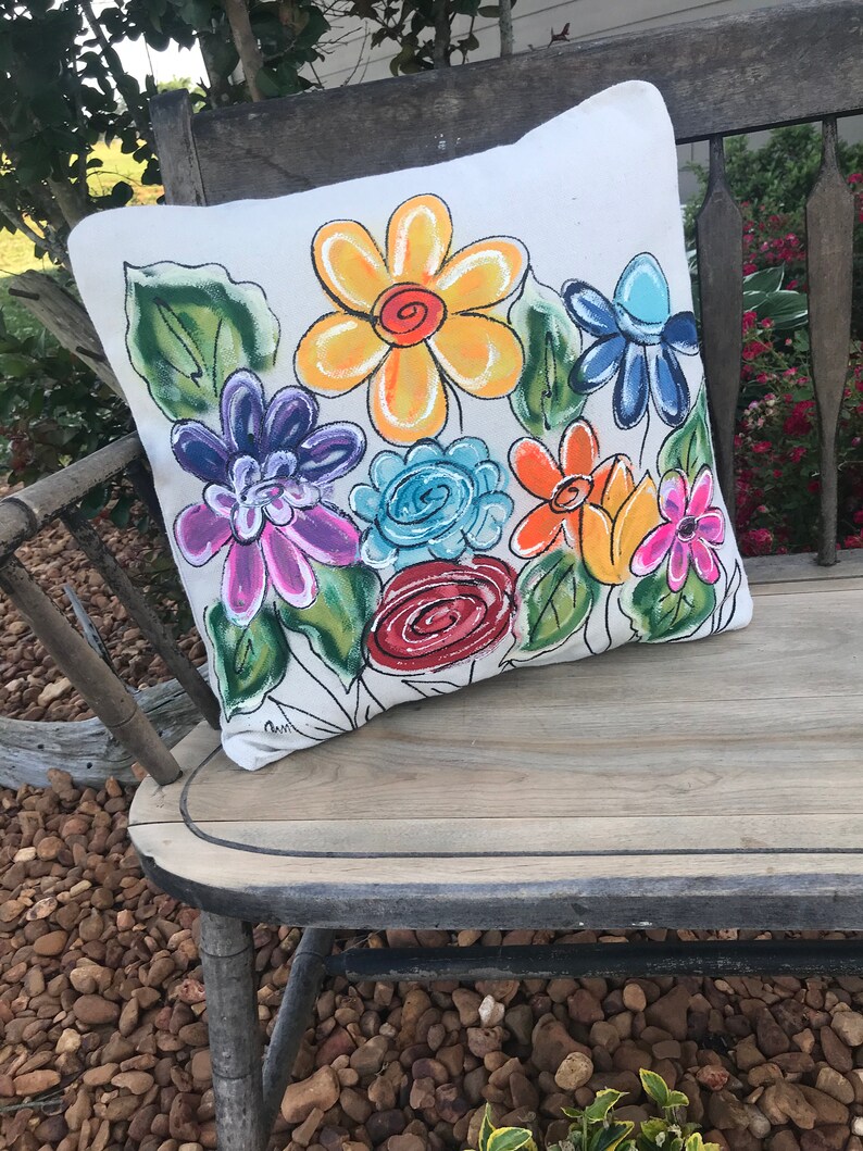 Poppies Flowers Daisies Handpainted Pillow Cover Etsy