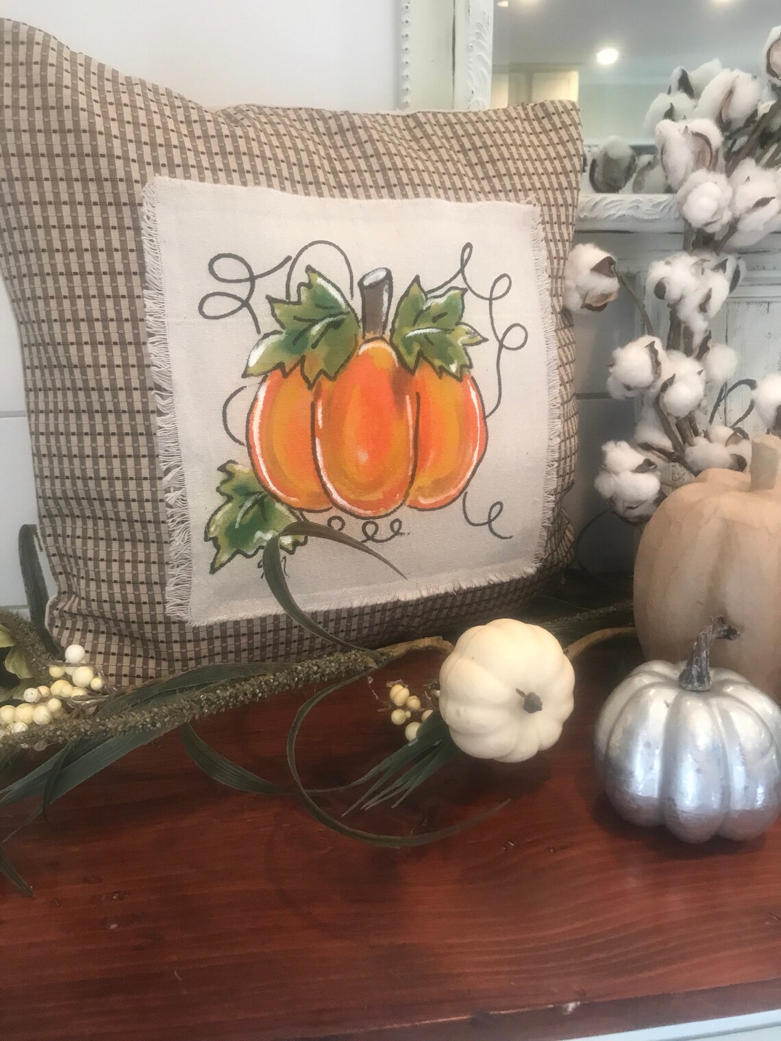 Plaid Pillow Handpainted Pumpkin Pillow Fall Pillows Tan Etsy