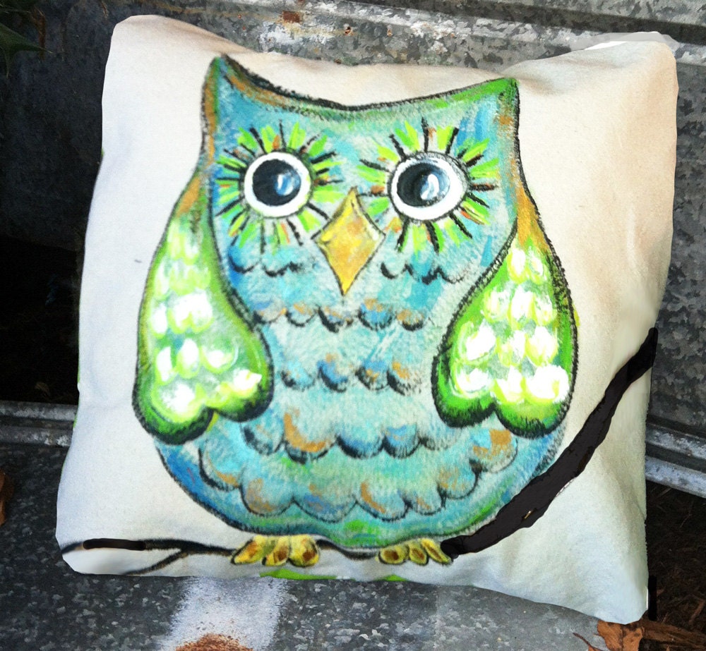 Blue, Green, Whimsical Owl, Hand-painted, Colorful, Kids Accent Pillows, Nursery, Patio, Pillow Cove