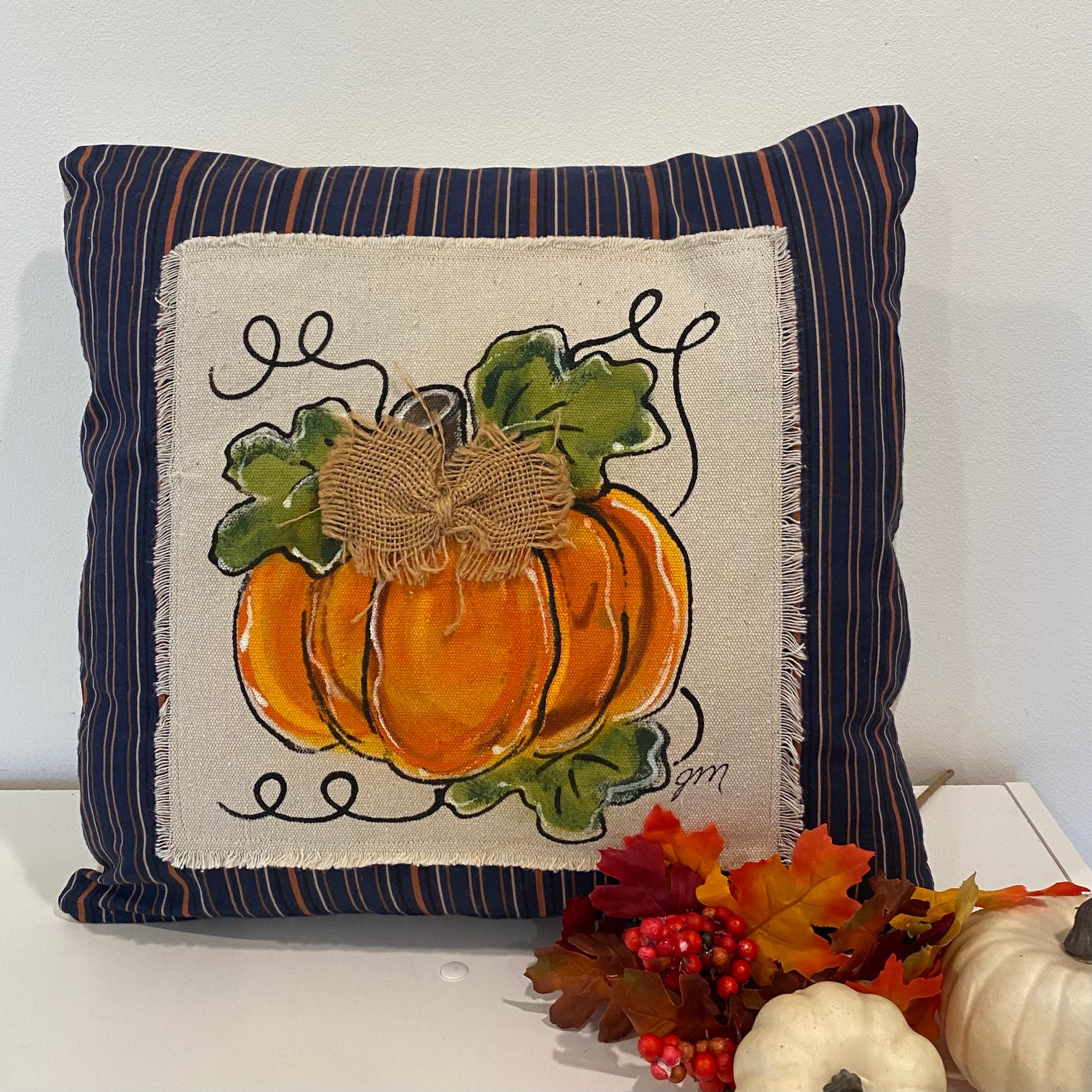 Navy with Stripes Pumpkin Pillow Handpainted Fall Pillows Etsy