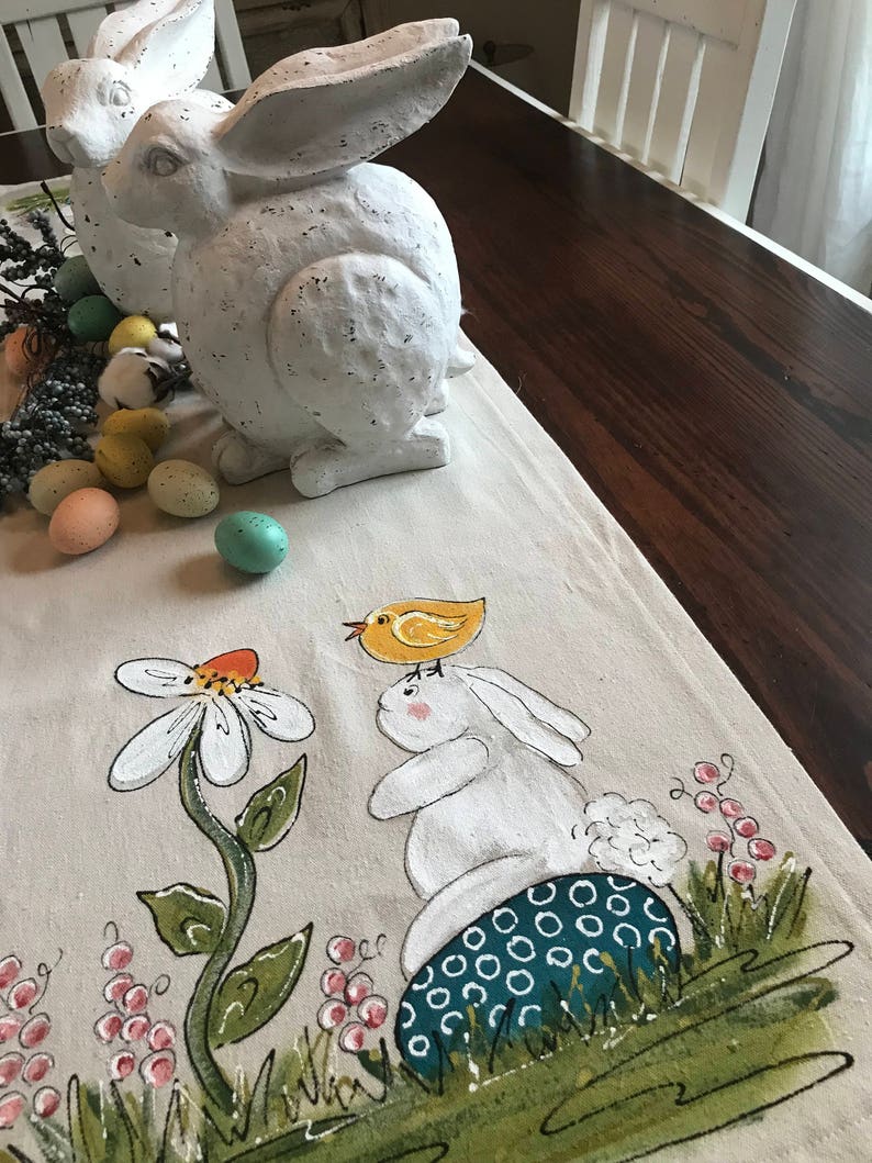 Bunny and Daisy Hand-painted Table Runners, Easter Table Linens, Springtime Decorations, Handmade image 6