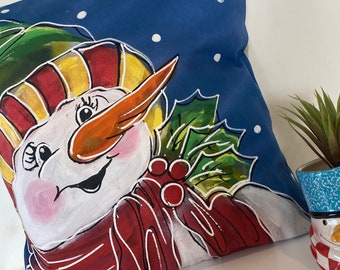 Colorful Snowman Pillow, Hand-painted Pillow, Handmade, Pillow Cover