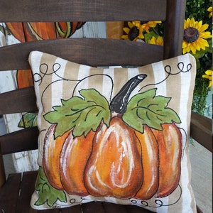 Striped Pillow Sham, Fall Pumpkin Pillow,  20 x 20, Linen-like, Outdoor Decor, Halloween, Holidays, Hand-painted Pillow Cover, No. PUM43