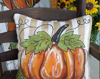 Fall Pumpkin, Striped Pillow, Linen-like Fabric, Thanksgiving, Fall Decor, Hand-painted, Pillow Cover