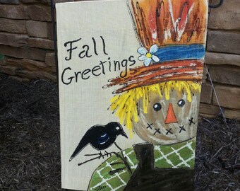 Fall Garden Scarecrow, Hand-painted Flag, Fall Signs, Fall Yard Signs, Black Crow, Thanksgiving Signs, Fall Holiday, Door Hanger, No. FLG24