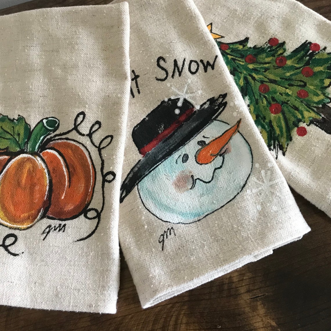 Holiday Hand Towel Gift Set Handpainted Kitchen Dish Towels Etsy