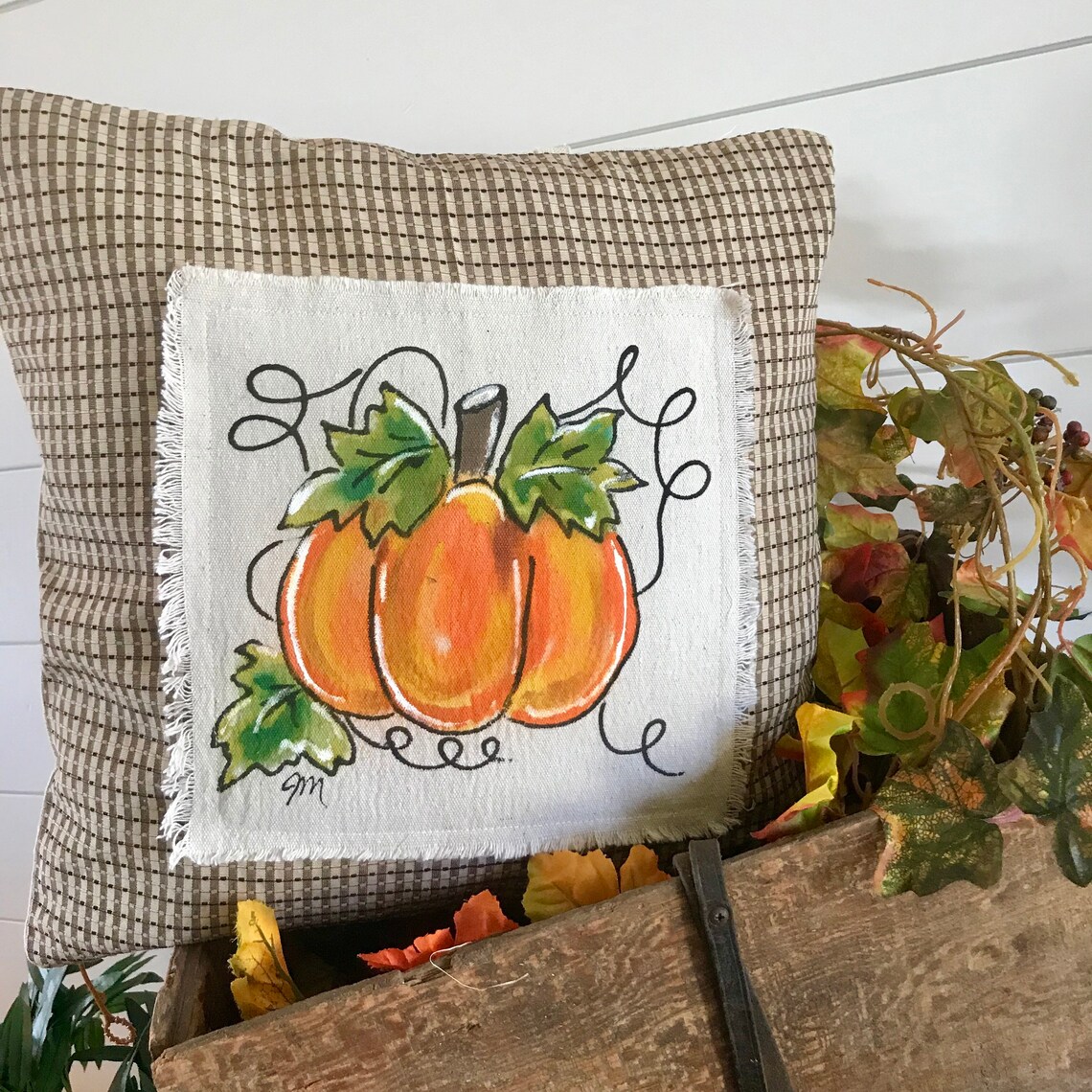 Plaid Pillow Handpainted Pumpkin Pillow Fall Pillows Tan Etsy