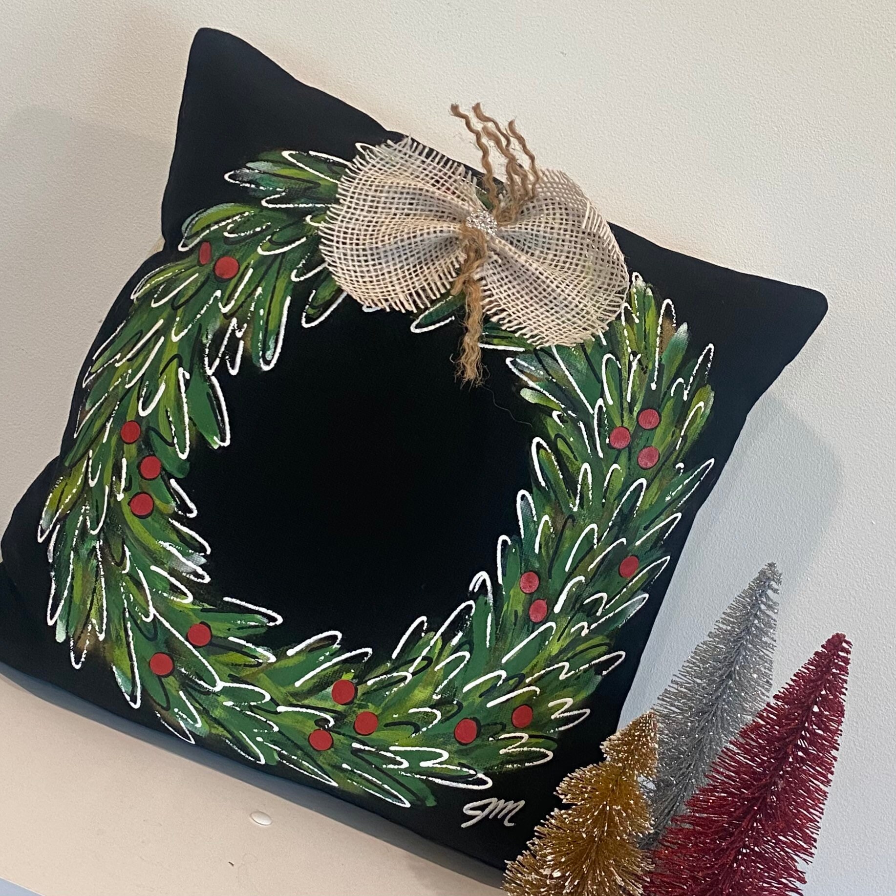 Green Christmas Wreath, Red Berries, Hand-painted Pillow, Black, Pillow ...