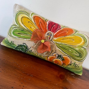 Fall Turkey Green Gold Red Turkey Hat Hand Painted Handmade Pillow Cover