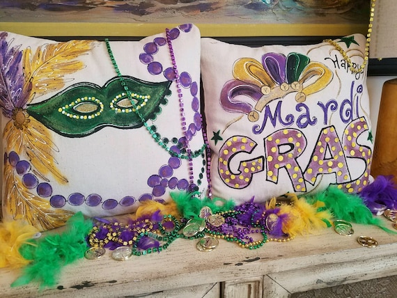 Mardi Gras Mask Decor Set Beads New Orleans French Quote Accent Pillows Indoor Outdoor Cushions Hand painted Pillow Cover Etsy