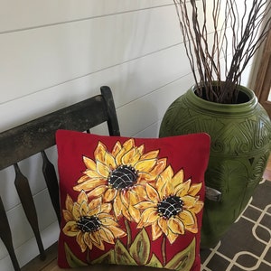 Red Pillow with Sunflowers, Gifts for Gardeners, Mother's Day Gifts, Summer Flowers, Gift for Plant Lover, Hand-painted, Pillow Cover