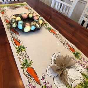 May include: A beige table runner with a painted design of carrots, vines, and a bunny. A wreath of pastel colored Easter eggs is on top of the runner.