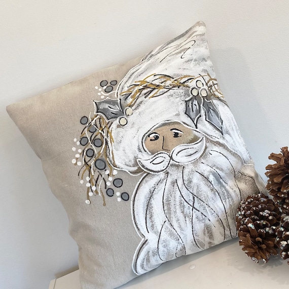 White Santa and Garland Hand painted White Beige and Gray Pillow Cover Etsy