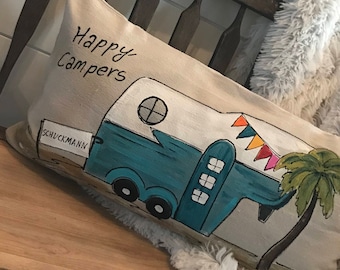 Caminal de quinta rueda, regalos personalizados, accesorios de camping, estilo de cabaña, casa del lago, accesorios, lumbar, pintado a mano, funda de almohada