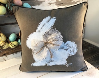 White Easter Bunny, Burlap Bow, Light Brown, Hand-Painted Pillow Cover, 16" Cover