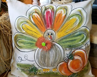 Fall Colored Turkey Hand-painted Pillow Cover