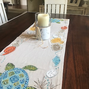 Beach Theme Runner, Cottage Tablecloth, Hand-painted, Seashells, Turtles, Gifts, Table Cloth, Centerpiece, Spring, Summer Linens, Handmade