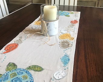 Beach Theme Runner, Cottage Tablecloth, Hand-painted, Seashells, Turtles, Gifts, Table Cloth, Centerpiece, Spring, Summer Linens, Handmade