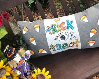 Trick-or-Treat Pillow, Halloween Pillow, Hand-painted, Orange and Black, Pillow Cover