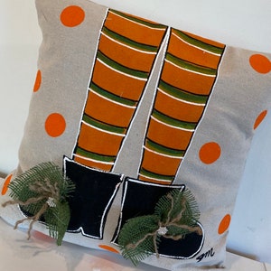 Orange and Green Witch Feet Rhinestone Burlap Bow Hand-painted Pillow Cover