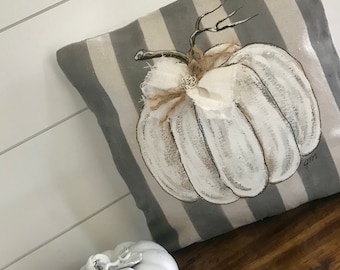 Gray and White Stripe with White Pumpkin Hand-painted Pillow Cover 18 x 18