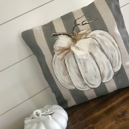 Gray and White Stripe with White Pumpkin Hand-painted Pillow Cover 18 x 18