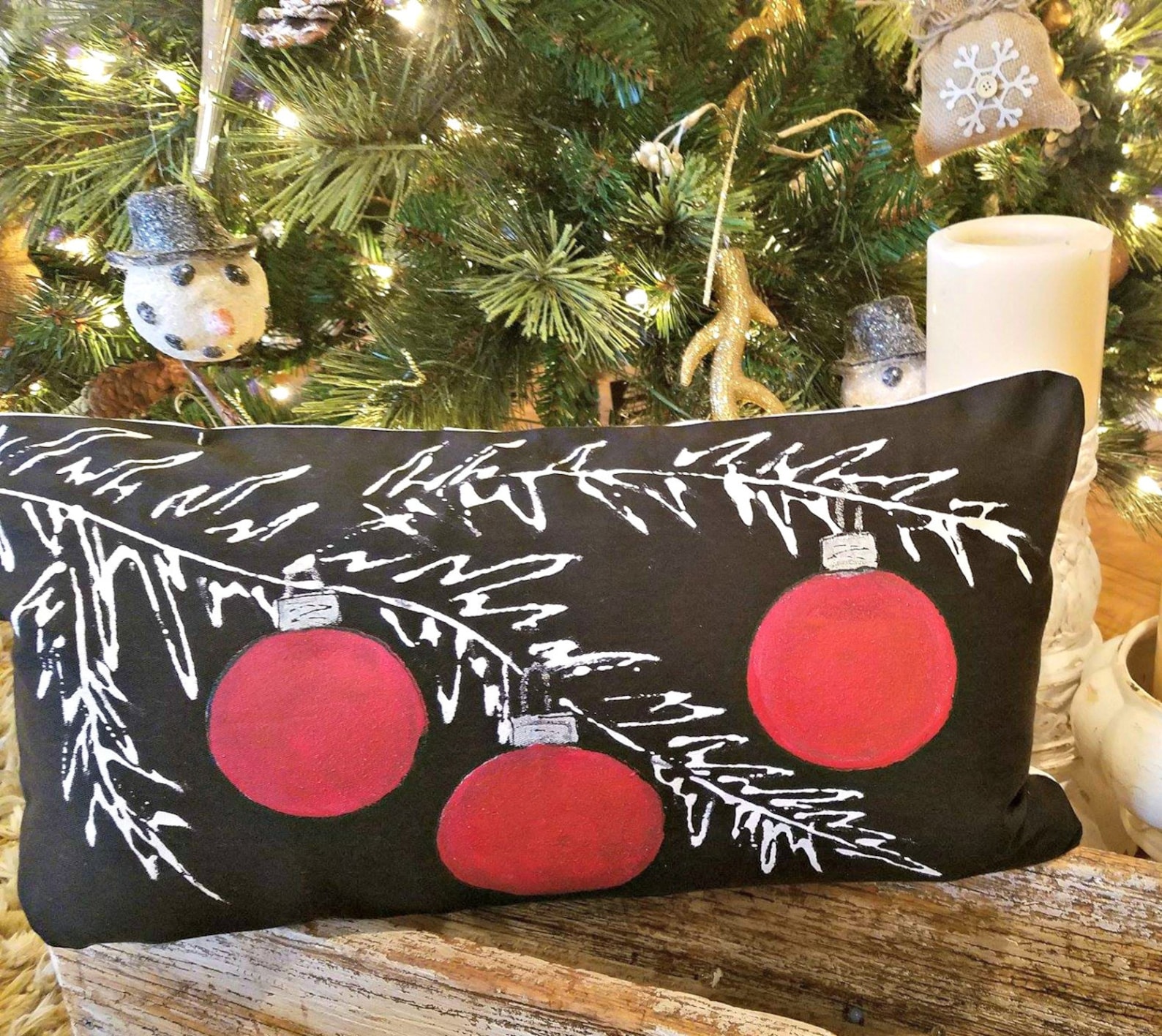 Red Ornaments Black Lumbar Christmas Pillow Handpainted Etsy Lumbar Christmas Pillow