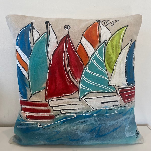 Hand-painted Sailboats Pillow, Nautical Pillow, Beach Decor, Cottage Decor, Nursery Pillow, Boy's Bedding Pillows, Pillow Cover