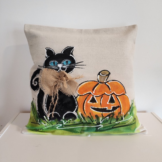 Halloween Cat and Pumpkin Hand-painted Pillow Cover 