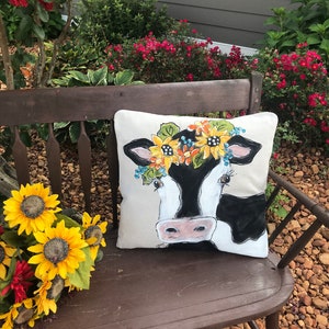 Cow Pillow, Holstein Pillows, Flower Headband, Handpainted Pillows, Farmhouse Pillow, Farm Cows and Garland, Rustic Decor, Pillow Cover