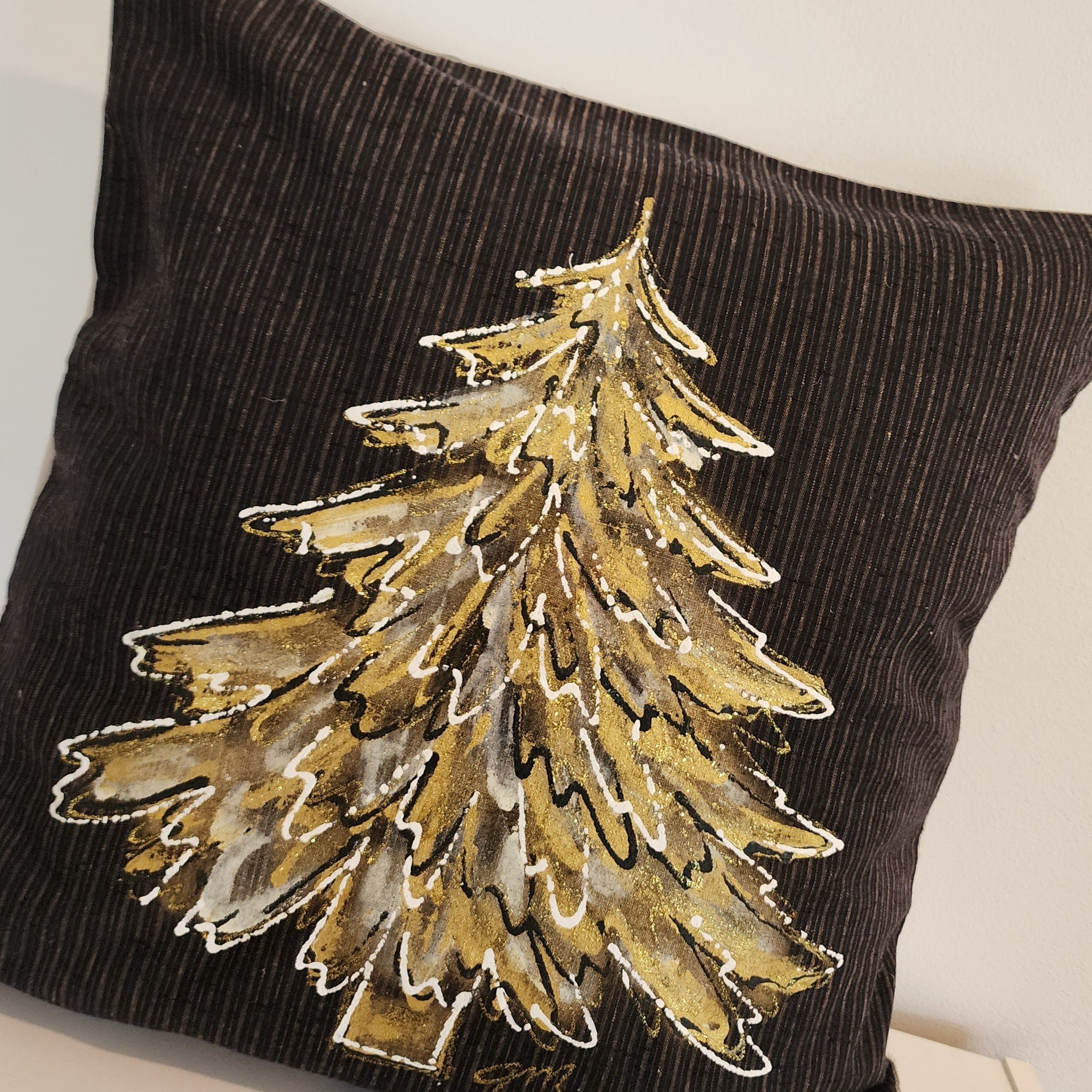 Gold Christmas Tree on Black With Gold Stripes Hand painted Pillow Cover Etsy Canada