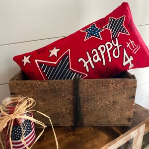 Red, White, and Blue Patriotic Lumbar, Happy 4th, Stars and Stripes, Hand-painted, Pillow Cover