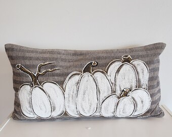 White on Gray Stripe Pumpkins Hand-painted Pillow Cover