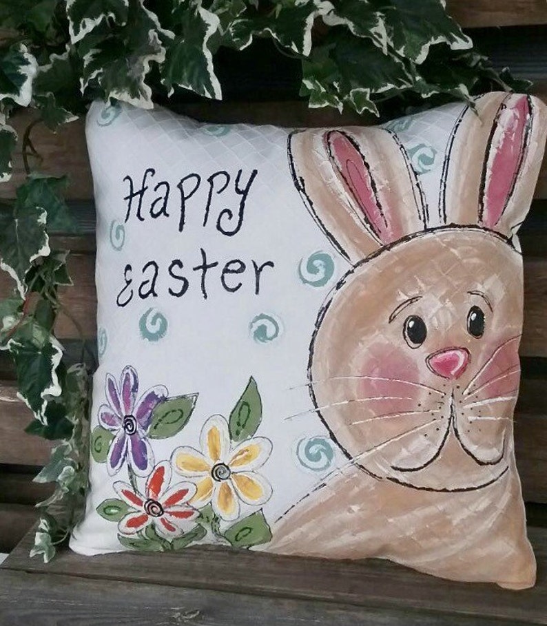 Hand Painted Bunny Pillow Pastel Pillow Bright Flowers Etsy