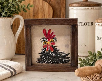 Tableau original signé représentant un coq noir fantaisiste – Art rustique encadré représentant un coq