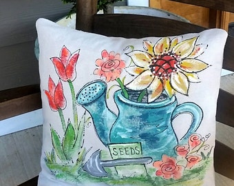 Sunflower, Spring Flowers, Yellow Flowers,  Watering Can, Pillow Cover, Hand-painted, Handmade, Pillow Cover