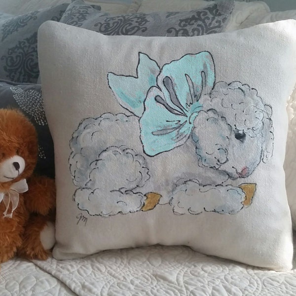 Lamb Pillow, Hand-painted, Nursery Decorations, Baby Gifts, Easter Decor, Pillow Cover