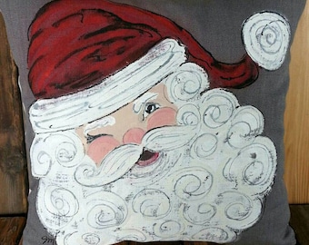 Santa Claus Pillow, Winking St. Nick, Christmas, Holiday Decor, Hand-painted, Pillow Cover