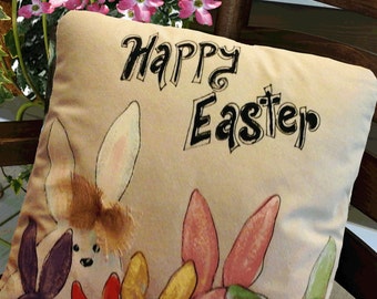 Conejitos pastel, Feliz Pascua, Rosa, Verde, Amarillo, Púrpura, Conejitos Blancos, Guardería, Almohadas de acento pintadas a mano, Hechas a mano, Funda de almohada