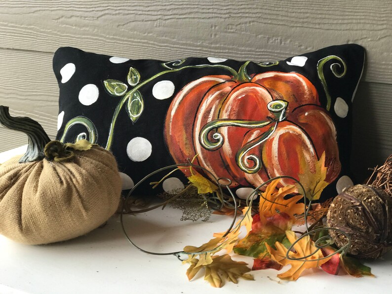 Black Lumbar Handpainted Pillows Bench Cushions Orange Etsy