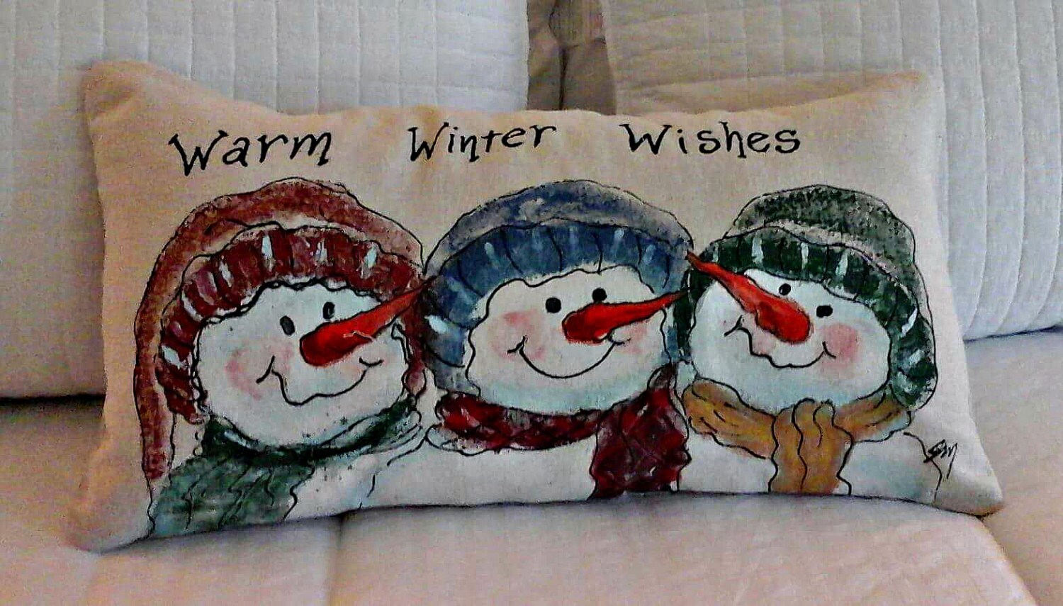 Snowmen Lumbar Holiday Pillow Handpainted Christmas Pillow Etsy