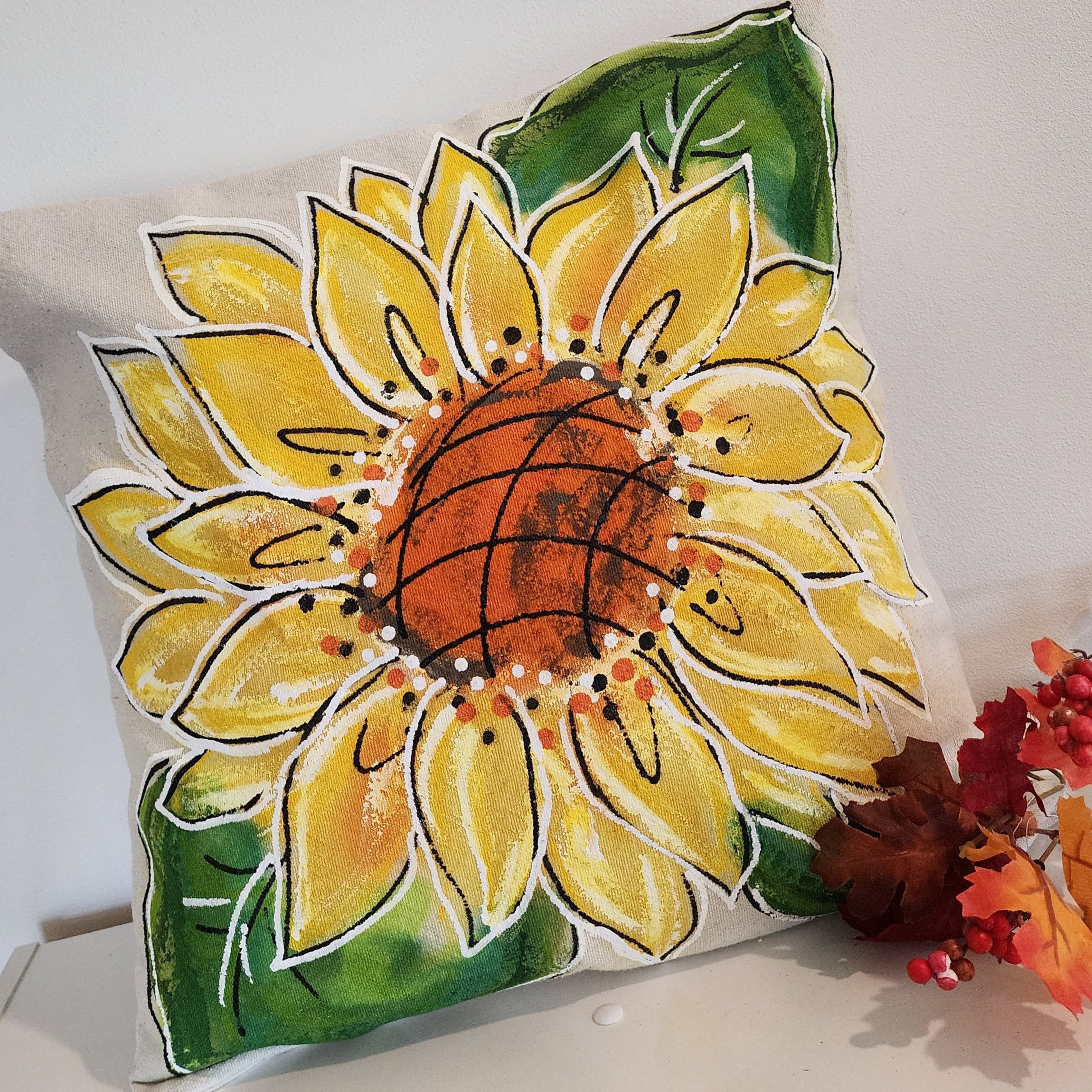 Large Sunflower Hand painted Pillow Cover Etsy