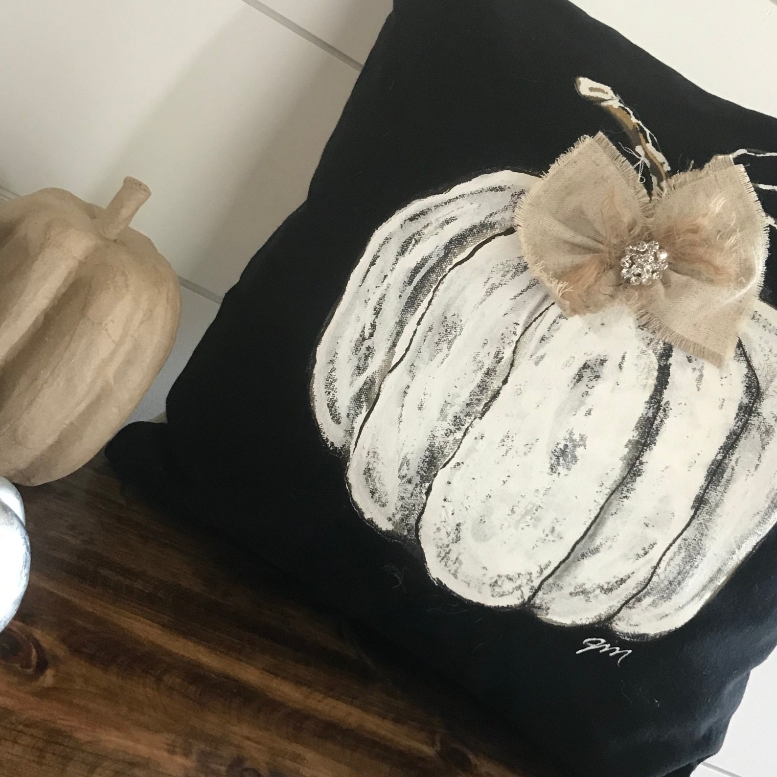 Black Pillow With White Pumpkin Handpainted Burlap and Etsy