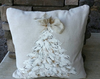 White Christmas Tree Farmhouse Cottage Hand-painted Pillow Cover