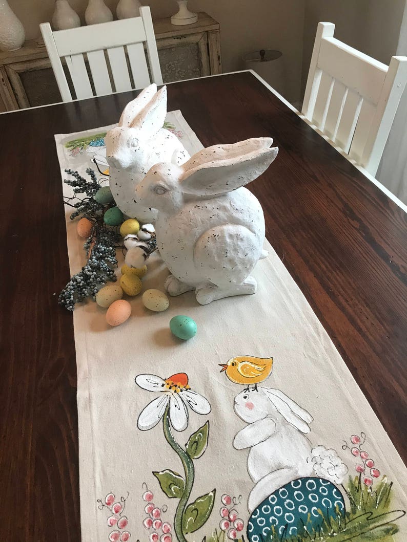 Bunny and Daisy Hand-painted Table Runners, Easter Table Linens, Springtime Decorations, Handmade image 7