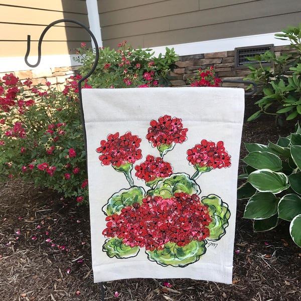 Geranium Flowers Flag, Hand-painted,  Red Flowers, Garden Flag, Mother's Day Gift, Handmade